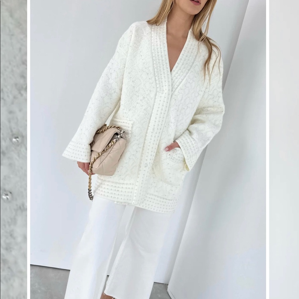 Oversized Pearl Trim Cardigan in Ivory